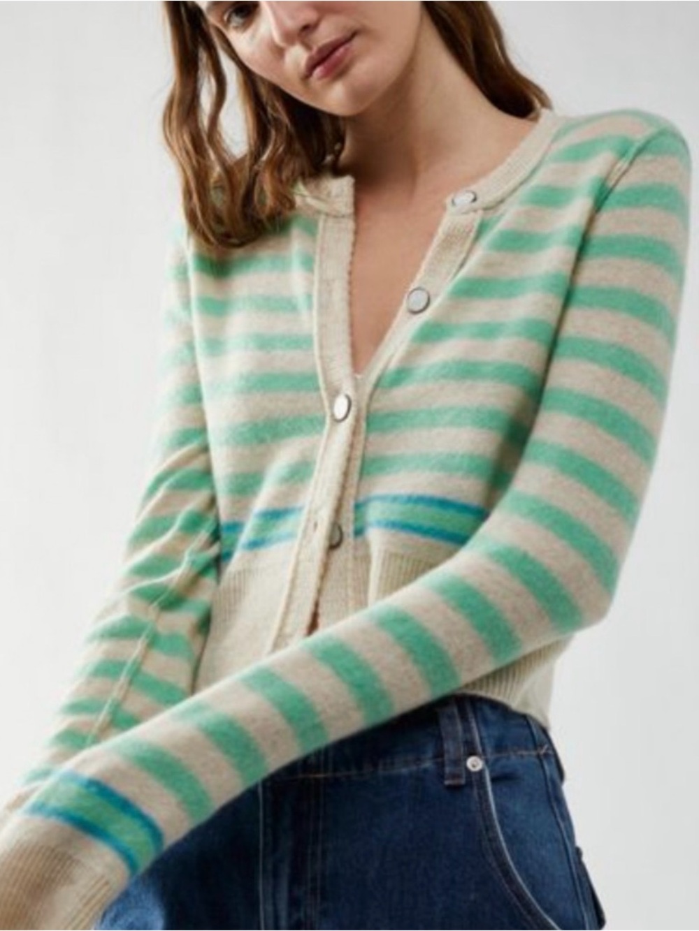 FREE PEOPLE Sailor Stripe Cashmere Cardi Green Size XS